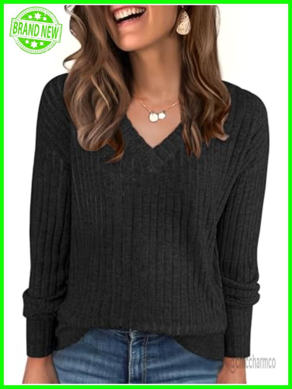 Ribbed V Neck Long Sleeve Tunic Shirt Loose Fit Casual Layering Top